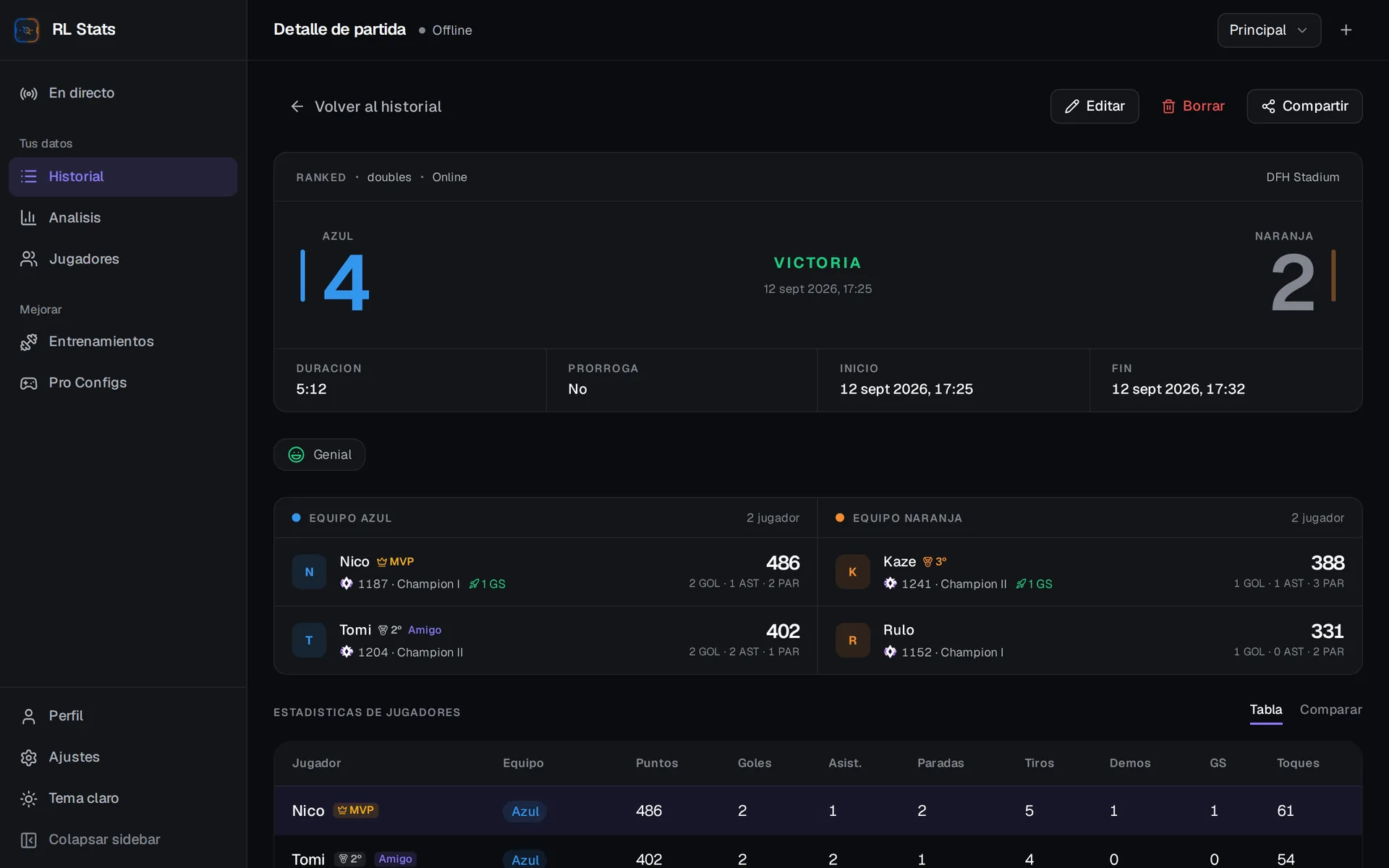 RL Stats — Detalle de partida con estadísticas completas